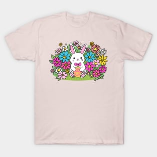 Adorable cartoon easter bunny holding a colourful egg surrounded by flowers T-Shirt